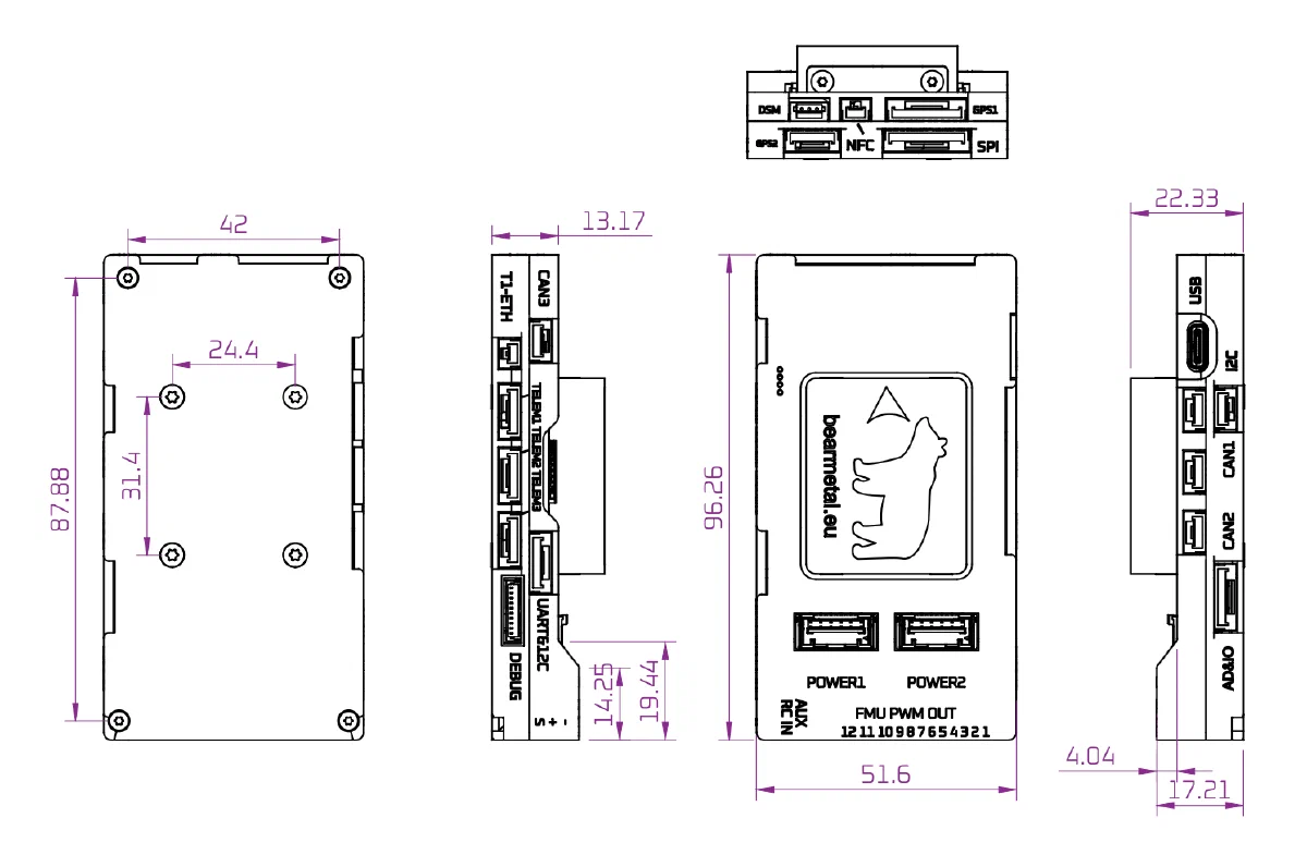 Dimensioned drawing of the assembled unit in bottom, side, top and end views: a 96.26 × 51.6 mm outline 22.33 mm tall, four mounting holes on a 24.4 × 31.4 mm pattern inside a 42 × 87.88 mm underside, and the connectors on each face labelled
