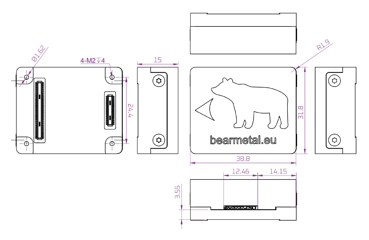 Dimensioned drawing of the FMUM in top, bottom, side and end views: a 38.8 × 31.8 mm outline with 1.9 mm corner radii, 15 mm tall, four corner M2 threads 4 mm deep and two Ø1.62 mm locating holes, and the two baseboard connectors standing 3.55 mm below the underside