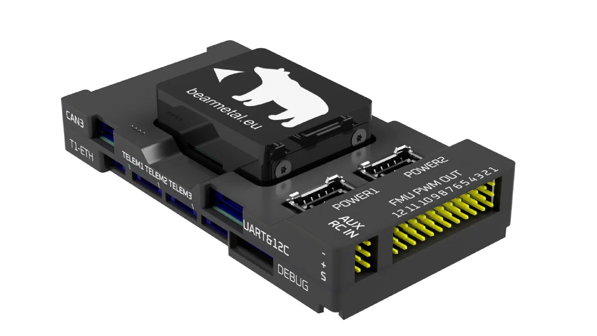 The baseboard with its port labels: CAN3, T1-ETH, TELEM1 to TELEM3, UART&I2C, DEBUG, RC IN/AUX, POWER1, POWER2 and FMU PWM OUT 1 to 12