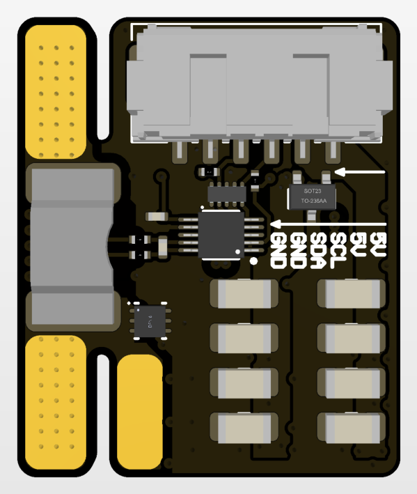 Paw, autopilot connector side: the 6-pin connector labelled 5V, 5V, SCL, SDA, GND, GND, and on the solder tab at the left the V_OUT pad at the connector end, the V_IN pad at the far end and the capacitor pad beside it