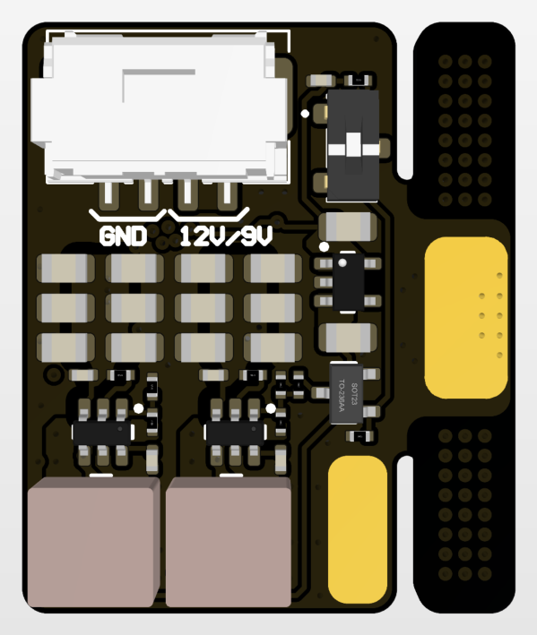 Paw, companion connector side: the 4-pin connector labelled GND and 12V/9V, the slide switch beside it, and on the solder tab at the right the large GND pad, with the capacitor pad at the far end